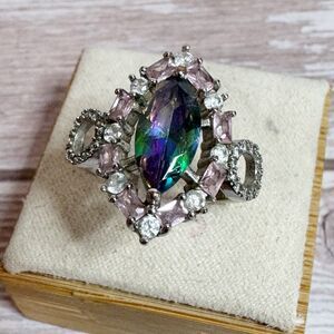 Art Deco Revival Faux Mystic Topaz Pink White Marquis Cut Cocktail Ring Size 9